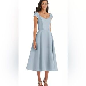 Alfred Sung Puff Cap Sleeve Full Skirt Satin light blue Midi Dress size 16R